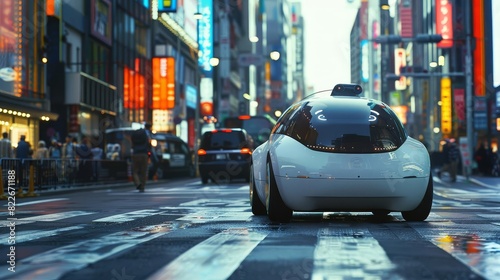An AIpowered autonomous vehicle navigating city streets, photo