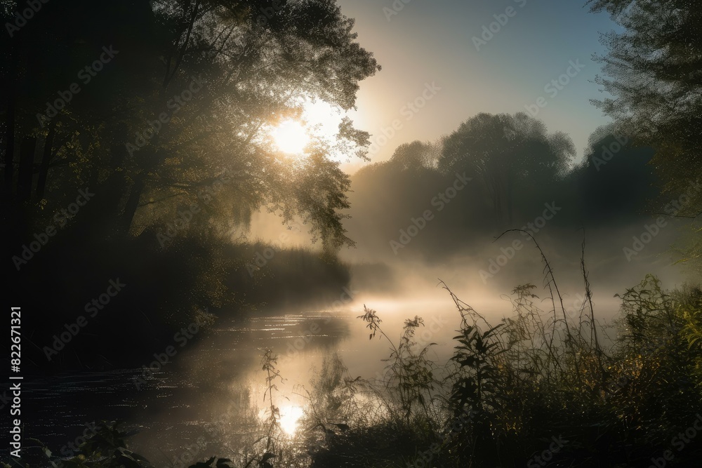 Naklejka premium Serene sunrise piercing through the mist over a calm river, surrounded by lush trees