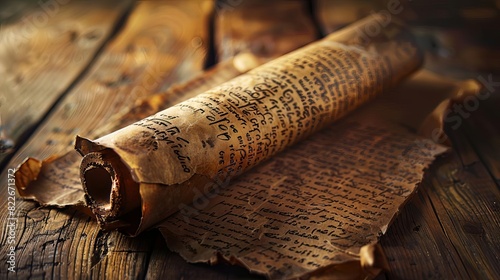 An ancient scroll with a prophecy written in a forgotten language, photo