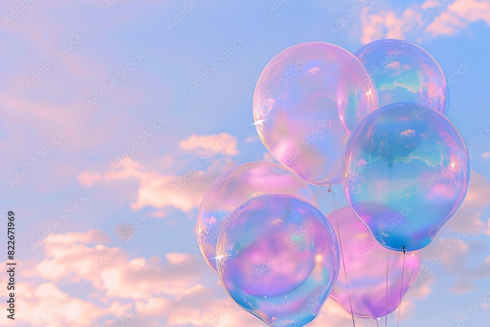 : A whimsical abstract background featuring translucent balloons in pastel shades of pink, blue, and lavender, floating gently against a soft, cloud-filled sky.