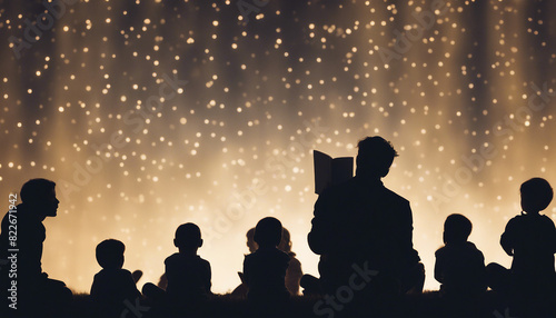 A man, silhouetted against the light, reads a story to a crowd of children.
