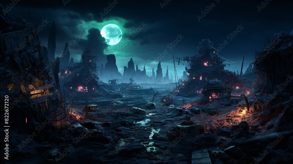 Apocalyptic wasteland at night with each ruined structure Apocalyptic wasteland at night with each ruined structure