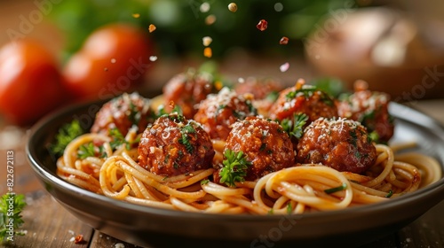 Falling ingredients spagetti presto, sliced meatballs, food packaging concept isolated on a transparent background.