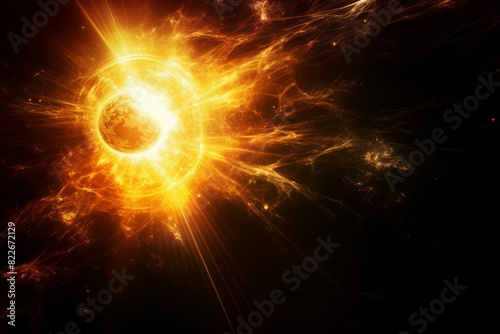 Dramatic illustration of a solar eruption with radiant energy and particles