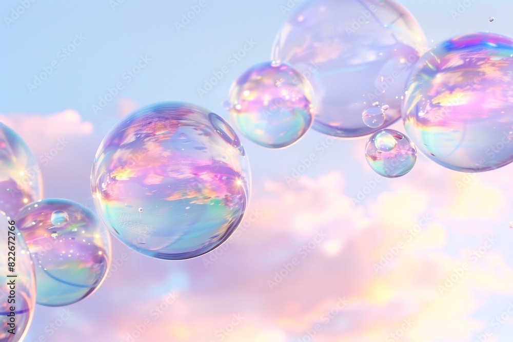 : An abstract background showcasing transparent bubbles with rainbow reflections, set against a soft pastel sky of pinks and blues, evoking a whimsical and dreamy atmosphere. : An abstract background showcasing transparent bubbles with rainbow reflections, set against a soft pastel sky of pinks and blues, evoking a whimsical and dreamy atmosphere.