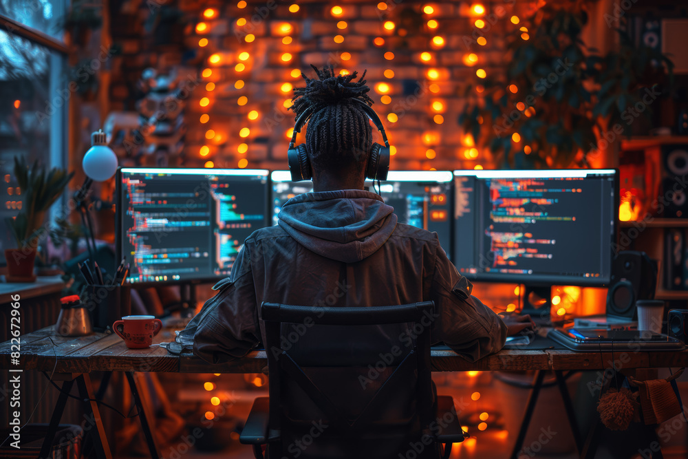 A coder developing software, writing lines of code to solve complex problems and create innovative solutions. Concept of technological innovation and programming. Generative Ai.