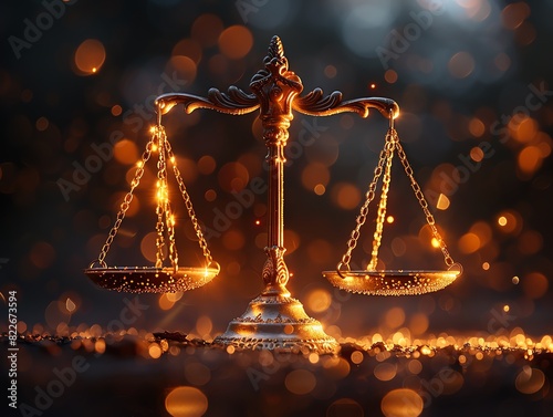 Golden scales of justice in soft, warm light with a bokeh background. Symbol of law, balance, and fairness.