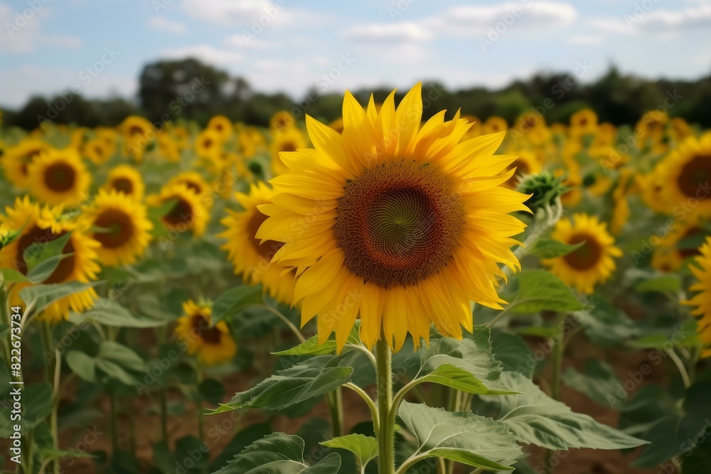 Single sunflower prominently in focus against a field of sunflowers under a clear sky Single sunflower prominently in focus against a field of sunflowers under a clear sky