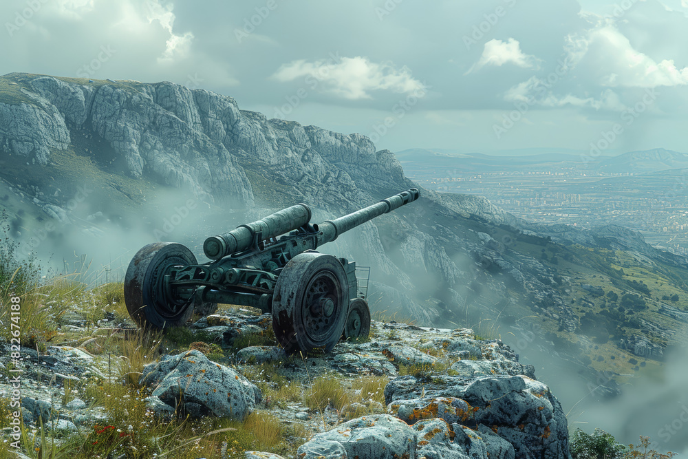 Fototapeta premium Heavy artillery cannon positioned on a fortified hill, its barrel trained on distant targets with pinpoint accuracy. Concept of artillery bombardment and strategic firepower. Generative Ai.