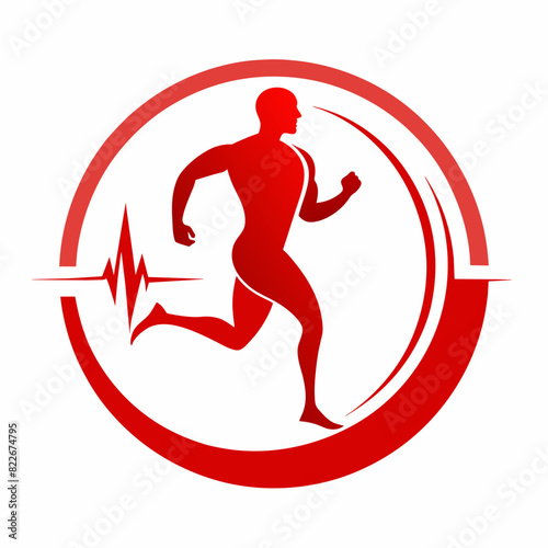 Silhouette of a man in running, joints pain with cardiogram. The joints are highlighted in a red circle. Vector image. logo. Circle logo