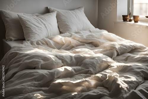 Unmade Bed with Morning Light, Cozy unmade bed with white linens, soft morning light, peaceful bedroom scene, inviting atmosphere, serene retreat, comfortable bedding