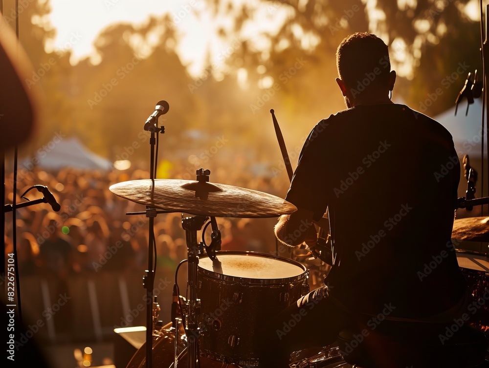 Naklejka premium Musician playing drums on stage during music festival