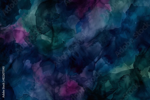 : An ethereal abstract background featuring dark watercolors in midnight blue, deep magenta, and forest green, blending in fluid, organic patterns that suggest an enchanted forest at night.