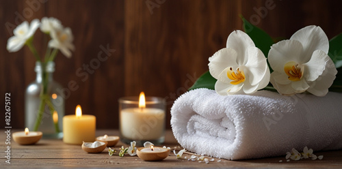Spa setting with candles , towels and flowers