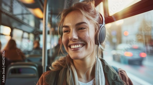 A woman smiles contently as she listens to an audiobook on her commute her mind fully engaged in the story instead of the usual worries and troubles. photo
