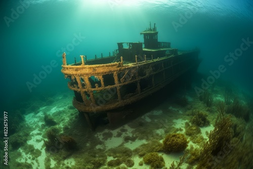 Ancient Sunken ship ocean tropical. Dive reef. Generate Ai