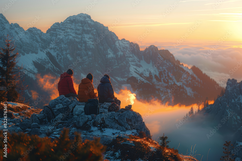 Naklejka premium A serene mountainside retreat with panoramic views, where hikers pause to enjoy a steaming cup of tea brewed over a campfire. Concept of outdoor adventure and rejuvenation. Generative Ai.