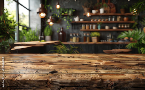 Wooden texture table top on blurred kitchen window background. Studio photo for product display or design key visual layout. For showcase or montage your items  or foods . Mock up. Generative AI
