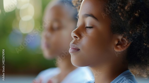 A child learning to meditate with their parent focusing on their breath and calming their thoughts.