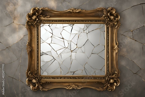 Antique mirror with cracked glass, ornate gold frame, vintage decor, distressed elegance, historical artifact, rustic charm, aged aesthetic