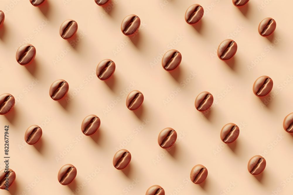 3D rendering of coffee beans in a repeating pattern on a beige background, minimalist style