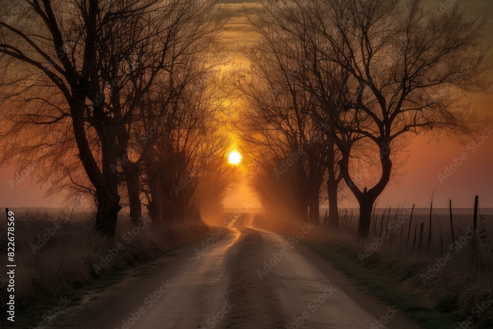 Tranquil countryside road flanked by bare trees against a stunning sunset backdrop