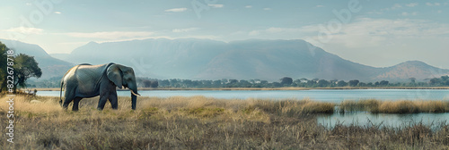 Striking Image of a Lone Elephant in a Tropical Landscape Near a Serene Lake