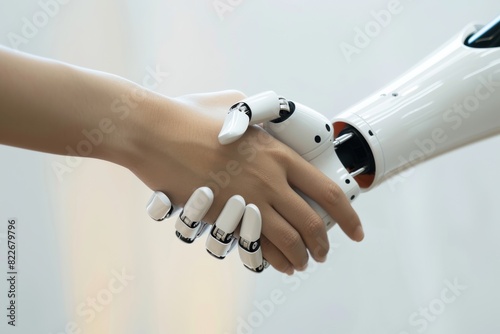 robot AI shaking hands with human. Artificial intelligence agreement with people concept.