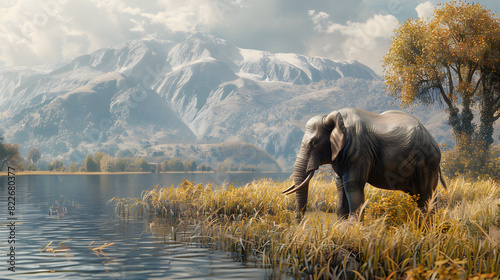 Striking Image of a Lone Elephant in a Tropical Landscape Near a Serene Lake