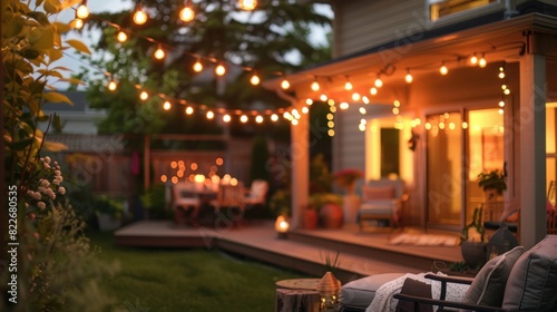 An inviting suburban home's patio, adorned with string lights, offers a cozy retreat on a summer evening © Nicat