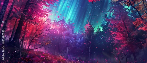 A vibrant forest scene with red maple leaves, tall trees and the northern lights in the sky, creating an enchanting atmosphere. The colors of purple blue pink light up the night sky. Digital illustrat photo