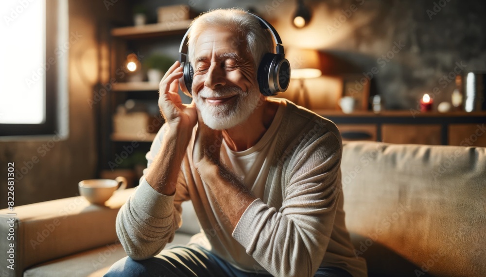 Old man enjoying music with headphones on, sitting comfortably in a cozy living room. The scene captures a sense of relaxation, joy, and love for music.