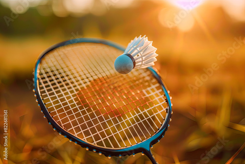 Close-up shuttlecock and badminton racket against nature background at sunset, background with copy space © Ирина Селина
