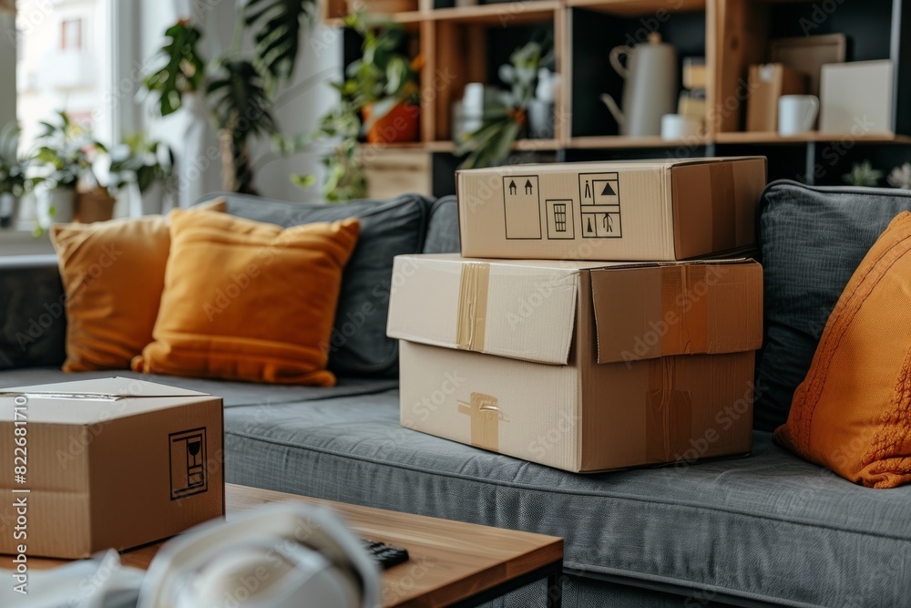 Contemporary Bedroom with Packed Moving Boxes in Soft Light Contemporary Bedroom with Packed Moving Boxes in Soft Light