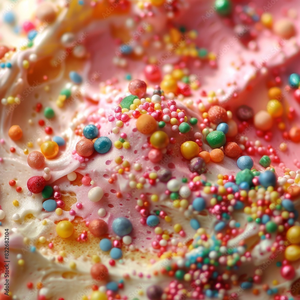 A piece of bright birthday cake on a background. Colorful Sprinkles Decorating a Delicious Frosting Covered Cake on a Stand. A piece of bright birthday cake on a background. Colorful Sprinkles Decorating a Delicious Frosting Covered Cake on a Stand.