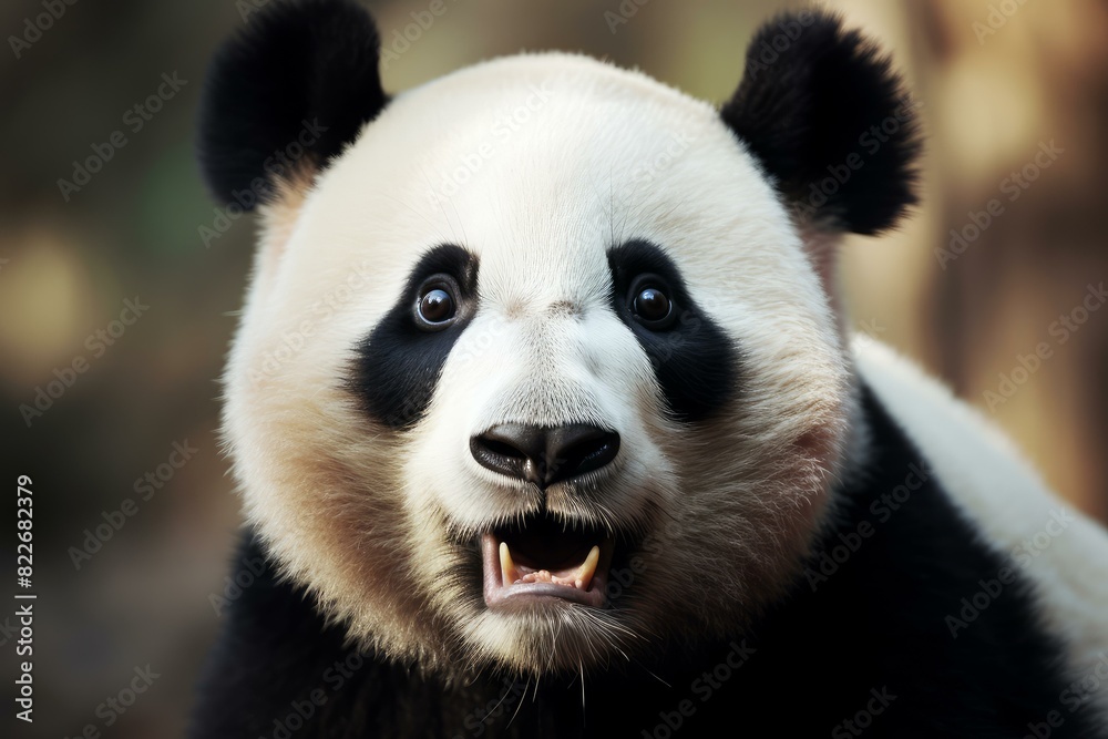 Detailed image capturing the captivating gaze of a giant panda with its mouth slightly open