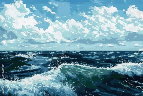 Painting of a wave breaking on the ocean with a sky background