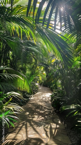 Path through a tropical garden with palm trees
