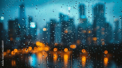 Rainy cityscape view from window with raindrops on glass  blue and orange lights in background  blurry skyscrapers skyline at night  urban architecture