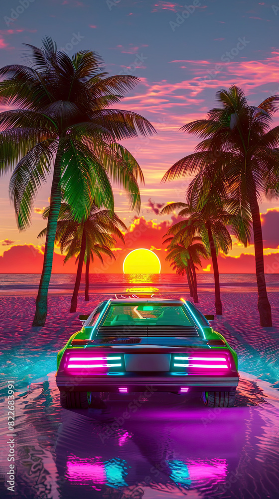 Retro car by tropical beach with palm trees and colorful sunset sky. Retro-futuristic, vaporwave, synthwave. Travel concept. Electronic retro music cover