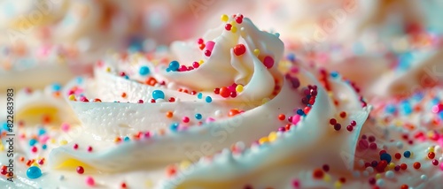 A piece of bright birthday cake on a background. Colorful Sprinkles Decorating a Delicious Frosting Covered Cake on a Stand.