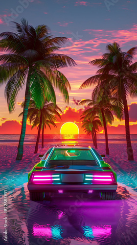 Retro car by tropical beach with palm trees and colorful sunset sky. Retro-futuristic, vaporwave, synthwave. Travel concept. Electronic retro music cover © LiliGraphie