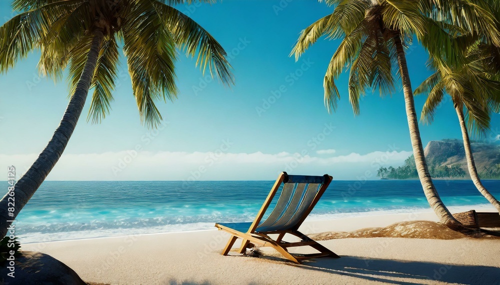 Beach scene with a blue ocean, coconut trees, and empty beach chair. 3D render
