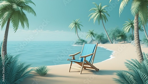Beach scene with a blue ocean  coconut trees  and empty beach chair. 3D render 