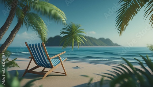 Beach scene with a blue ocean  coconut trees  and empty beach chair. 3D render 