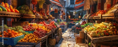A market with a variety of fruits and vegetables. Scene is lively and colorful