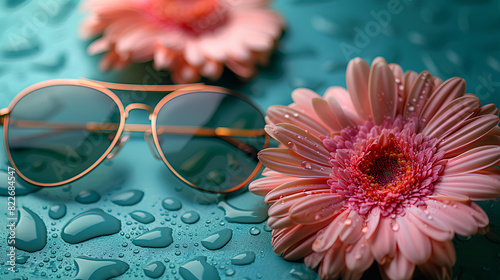 Summer concept, flower arrangement with sunglasses