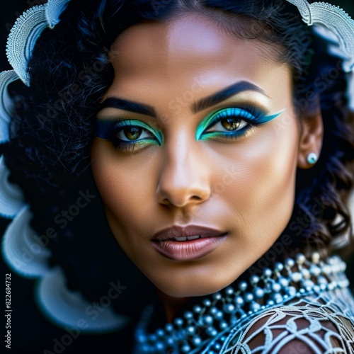 A woman with green eyes and green makeup. She is looking at the camera. The photo is in black and white