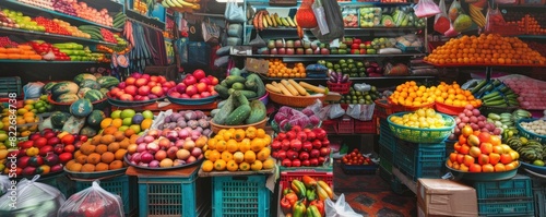 A market with a variety of fruits and vegetables. Scene is lively and colorful © Dalibor