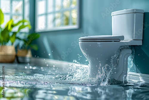 A flooded bathroom with water splashing everywhere, depicting a chaotic scene of an indoor plumbing disaster and the need for emergency cleanup and repair, Generative AI